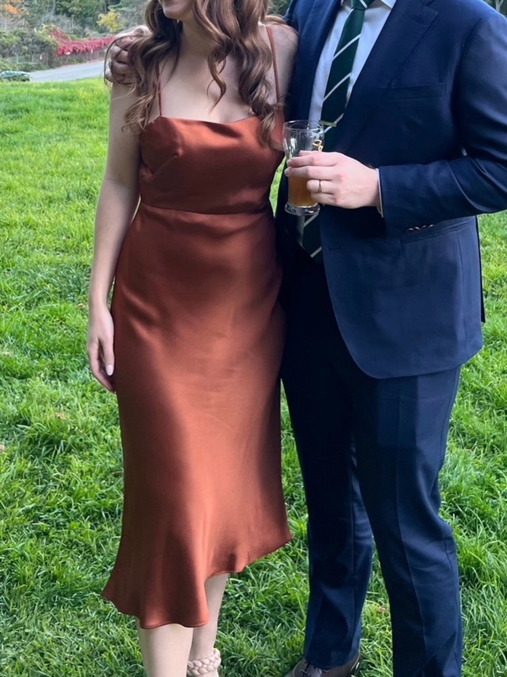Jenny Yoo Rust-Brown Slip Midi Dress with Spaghetti Straps
